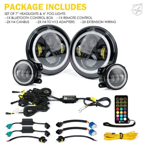 Xprite 7" Inch RGB Halo LED Headlights & 4" Fog Lights Led Combo Headlamp Assembly Dual Controlled RGB Light Kits Compatible with 2007-2018 Jeep Wrangler JK JKU, DOT Approved - Image 2
