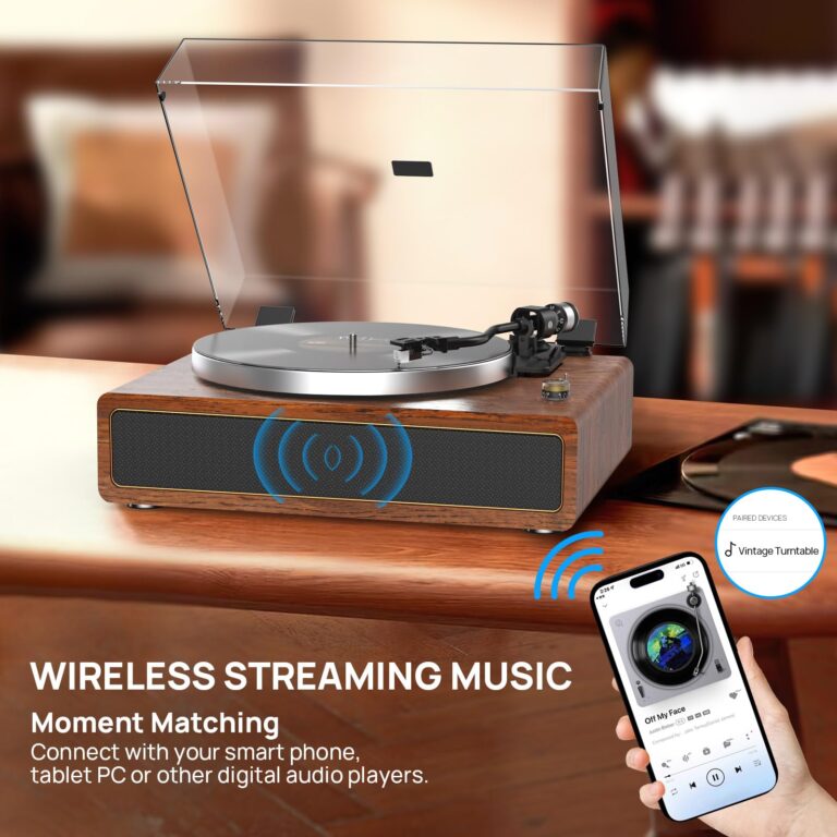 Turntable Record Player with Built-in Speakers, Vinyl Record Player Support Bluetooth Playback Auto Stop 33&45 RPM Speed RCA Line Out AUX in All-in-one Belt-Drive Turntable for Vinyl Records - Image 6