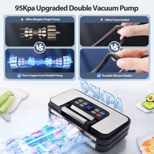 95Kpa Powerful Precision Pro Vacuum Sealer, with 10-in-1 Functions, Easy-Lock Handle, Double Heat Seal & Double Pump, Vacuum Sealer Machine for Food with Bags Storage, Built-in Cutter,Stainless Steel - Image 4