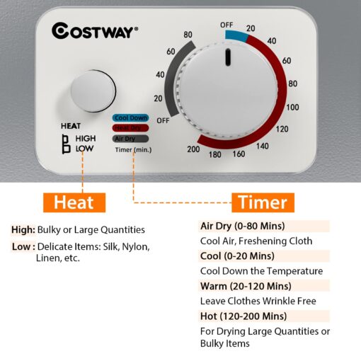 COSTWAY GT-10222US-SL-FPCY, 110V Electric Portable Clothes Stainless Steel Tub, Panel Downside Easy Control for 4 Automatic Drying Mode Compact Laundry Dryer, Silver - Image 8