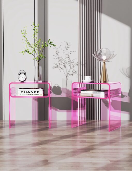solaround Clear Acrylic End Table 2-Tier Bedside nightstand for Living Room Bedroom Home Decor (Pink Double) - Image 2