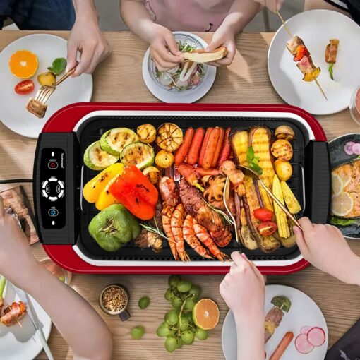Indoor Smokeless Grill, Techwood 1500W Electric Indoor Grill with Tempered Glass Lid, Portable Non-stick BBQ Korean Grill, Turbo Smoke Extractor Technology, Drip Tray& Double Removable Plate, Red - Image 4