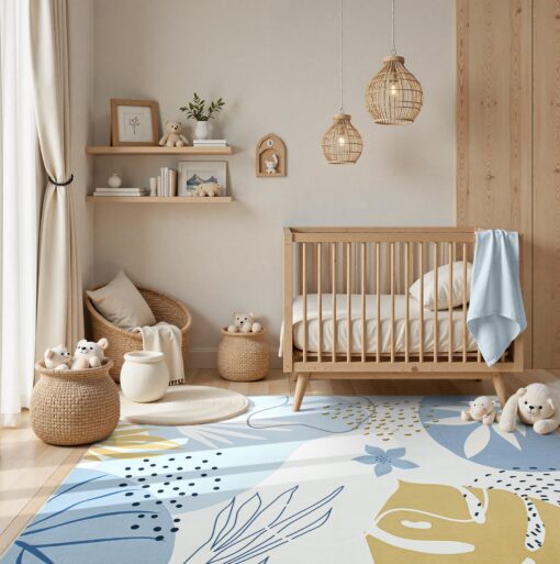 Lahome 9x12 Rugs for Living Room, Washable Non-Slip Ultra-Thin Larege Area Rug for Dining Room Table, Boho Botanical Print Indoor Soft Carpet for Bedroom Office, Blue - Image 2
