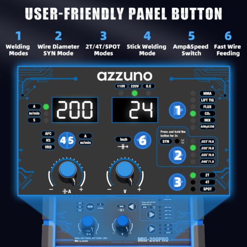 AZZUNO MIG Welder 110V/220V, 200A 8 in 1 Welder Machine Flux Core MIG/Gas MIG/MAG/Aluminum MIG/Spot MIG/Lift TIG/Stick Welding/Spool Gun Compatible, Multiprocess Welding Machine - Image 6
