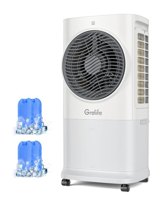 Grelife Portable Evaporative Air Cooler, 3-IN-1 Air Cooler Cooling Fan with Remote Control, 8H Timer, 4 Ice Packs, 6.5L Water Tank, 3 Modes, 3 Speeds, Personal Swamp Cooler for Bedroom