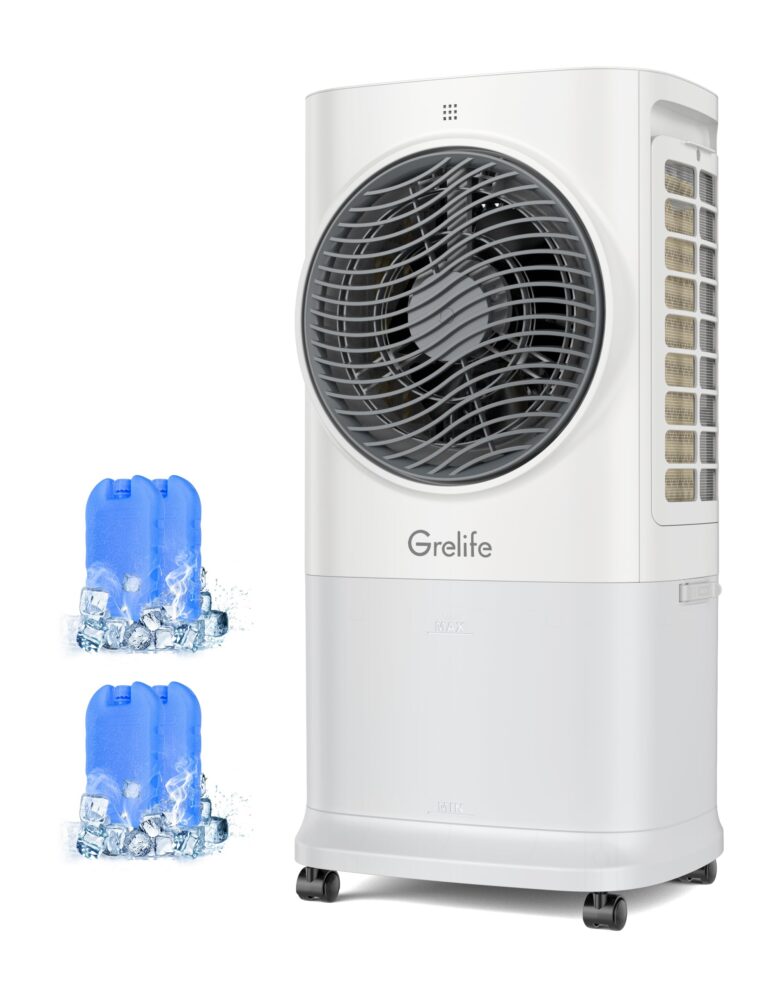 Grelife Portable Evaporative Air Cooler, 3-IN-1 Air Cooler Cooling Fan with Remote Control, 8H Timer, 4 Ice Packs, 6.5L Water Tank, 3 Modes, 3 Speeds, Personal Swamp Cooler for Bedroom