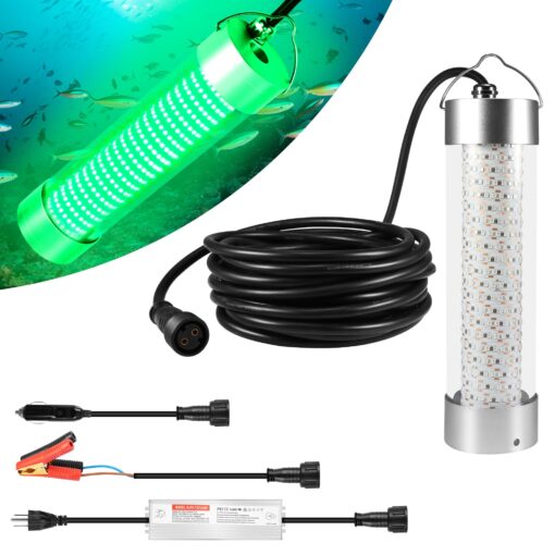 HUSUKU FS2-1 LED Underwater Fishing Light with Transformer AC100~265V - 400W 40,000lm with 33ft Cord Green Night Fishing Finder Attractor, IP68 Submersible Boat Lamp for Snook Crappie Squid Shrimp