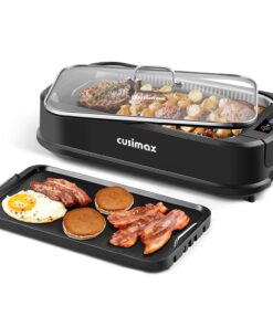 CUSIMAX Indoor Grill, Electric Smokeless Grill, 1500W Korean BBQ Grill, Electric Grill Griddle with LED Smart Display & Tempered Glass Lid, Non-stick Removable Grill Plate & Griddle Plate, Black