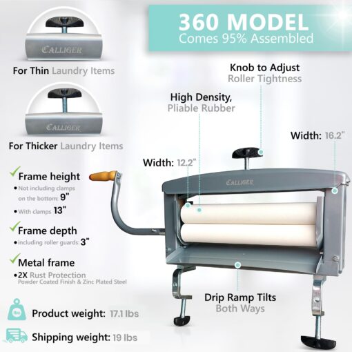 Calliger Clothes Wringer - Better Moisture Removal than Portable Washing Machine/Portable Dryer - Heavy Duty Off Grid Perfect Towel/Laundry Wringer for Chamois Cloth, Tile Sponge, etc. - Image 5