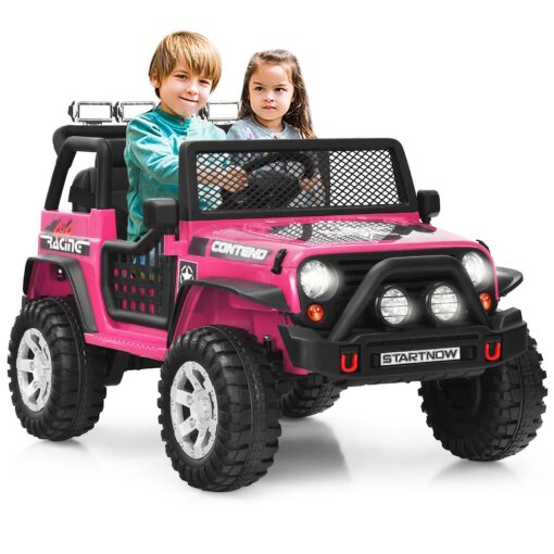 HONEY JOY 2 Seat Ride On Truck,12V Battery Powered Electric Cars for Kids, Spring Suspension, LED Lights, Remote Control, Horn, Music/ MP3, Toddler 4 Wheeler Ride On Toys Car for Girls(Pink)