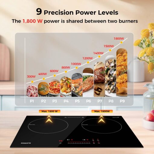 FOGATTI Double Induction Cooktop, Electric Induction Stove for RV, Built-in Countertop Burner with Touch Sensors, 9-Level Power, Pan Detection, 0-99 Min Timer, Child Lock, Shared 1800W - Image 6