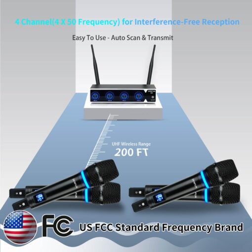 ZERFUN 4 Channel Rechargeable Wireless Microphone System, Pro UHF Metal Handheld Wireless Microphones Cordless Mics for Karaoke Singing Church with VOL Control, 4x50 Adjustable Frequency(G8) - Image 3