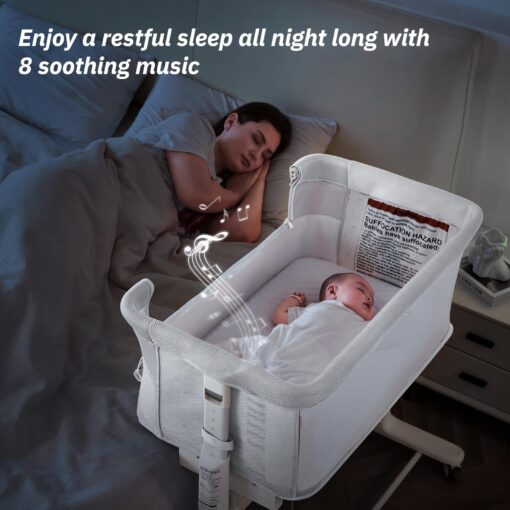 VaVaSoo Rocking Bassinet for Baby Automatic Bedside Crib Electric Cradle 5 Heights Adjustable Bedside Sleeper for Babies Infant Smart Auto Rocking Crib 3 in 1 Bassinet on Wheels, White - Image 6