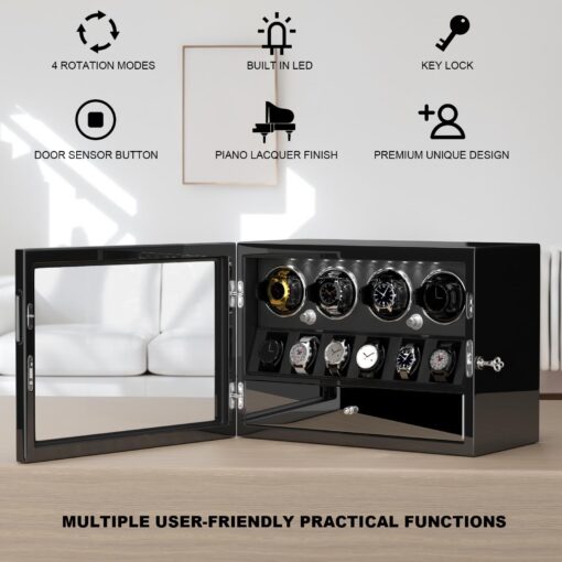 DUKWIN Watch Winder for 4 Automatic Watches, Watch Winders with Watch and Jewelry Storages, Super Quiet Mabuchi Motor with High-Gloss Piano Lacquer Finish,Built-in Illumination - Image 6