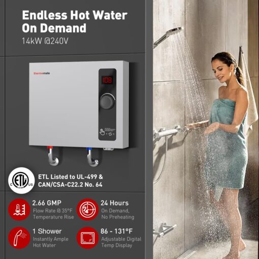 Tankless Water Heater Electric, thermomate 14kW at 240 Volt, On Demand Instant Hot Water Heater for Shower, Self-Modulating Save Energy, Save Space, 2.66GPM at 35°F Rise ET140 - Image 8