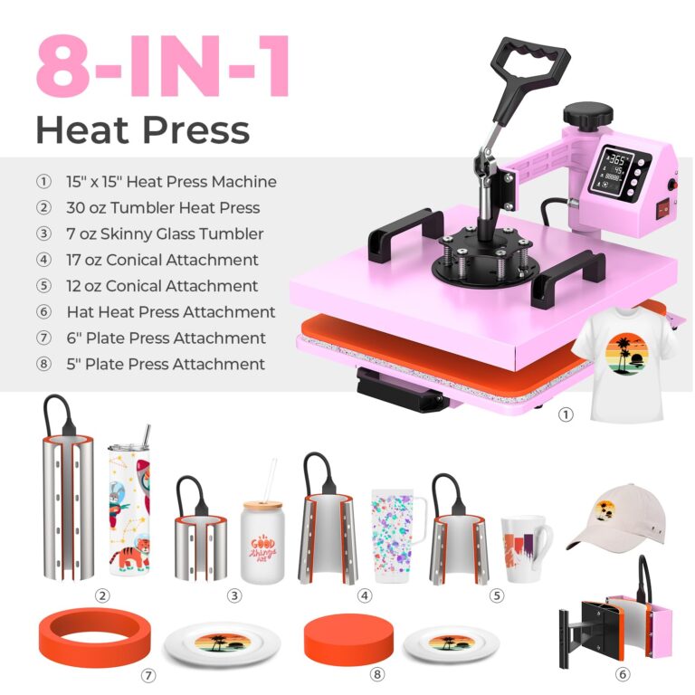 Pro 15x15 Heat Press with 30 OZ Tumbler Attachment, 8in1 Combo Tumbler Heat Press for T-Shirts, Tumblers Glass Cans Mugs Hats, and Plates (Pink) - Image 4