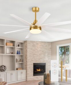 Breezary 65 Inch Ceiling Fan with Light and Remote, 8-Blade, Reversible DC Motor, 6-Speed, Timer, Industrial Ceiling Fans with Led Light Chandelier for Bedroom Office (Gold & White)