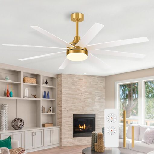 Breezary 65 Inch Ceiling Fan with Light and Remote, 8-Blade, Reversible DC Motor, 6-Speed, Timer, Industrial Ceiling Fans with Led Light Chandelier for Bedroom Office (Gold & White)