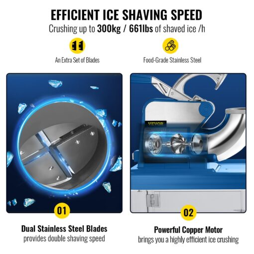 VEVOR 110V Commercial Ice Crusher 661LBS/H, ETL Approved 300W Electric Snow Cone Machine with Dual Blades, Stainless Steel Shaved Ice Machine with Safety On/Off Switch for Family, Restaurants, Bars - Image 7