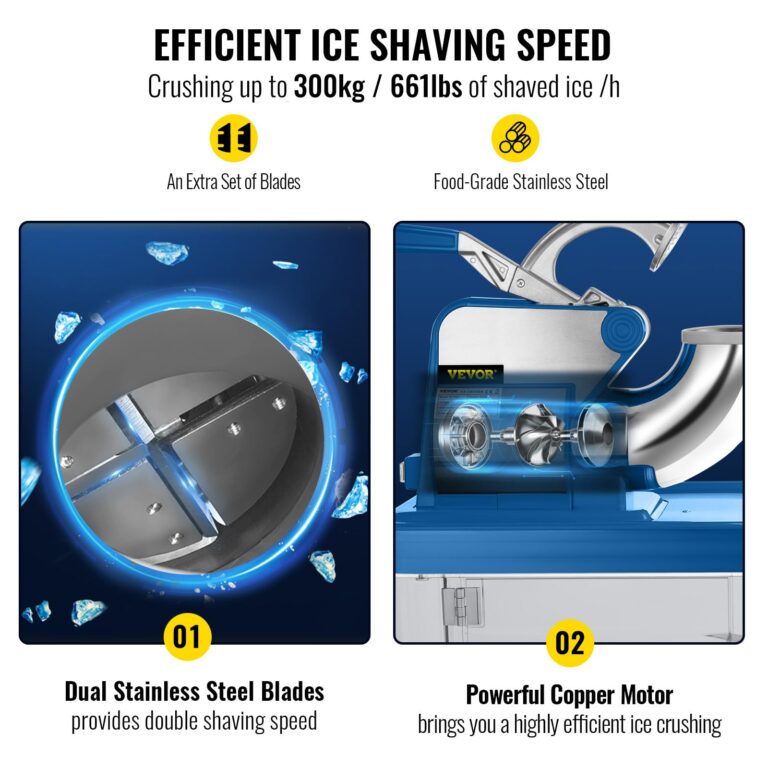 VEVOR 110V Commercial Ice Crusher 661LBS/H, ETL Approved 300W Electric Snow Cone Machine with Dual Blades, Stainless Steel Shaved Ice Machine with Safety On/Off Switch for Family, Restaurants, Bars - Image 7