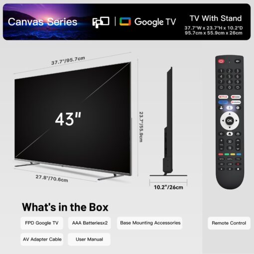 FPD 43 Inch Smart TV 4K UHD LED Flat Screen Google TV with Google Cast, Bluetooth, HDMI, Streaming Live, HDR 10, Dolby Vision, Ultra Slim Television(Canvas-Series, CG43-C3, 2025) - Image 2