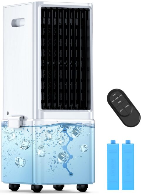 COOLECH Portable Air Conditioners w/Remote, 4 Modes & 3 Speeds, Waterless Alert System & 2.4-Gal Tank for 20H Cooling, 12H Timer for Auto Off, 3-IN-1 Evaporative Air Cooler for Room Bedroom Office