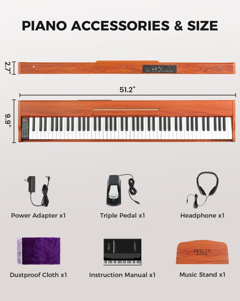 Fesley Weighted Piano Keyboard 88 Keys: Full Size Electric Keyboard Piano for Beginners, Portable 88 Key Keyboard with Daul Speaker,Sustain Pedal,Power Adapter,Support Bluetooth,USB MIDI,FEP300, Brown - Image 6