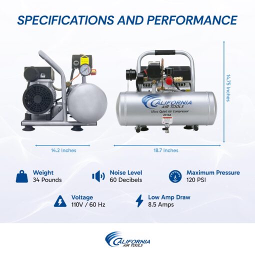 California Air Tools 2010A 1.0 HP Ultra Quiet and Oil-Free Air Compressor, 2 Gallon Aluminum Tank, 60 dBA Noise Level, Silver - Image 3