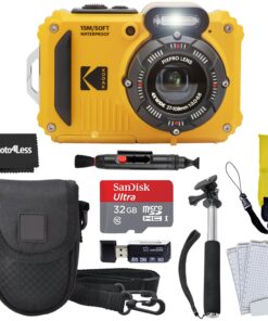 Kodak PIXPRO WPZ2 Rugged Waterproof Shockproof Digital Camera 16MP 4X Optical Zoom 1080P Full HD Video, 2.7 LCD (Yellow), 32GB SD Card, Black Compact Camera Case, Floating Strap, Bundle (7 Items)