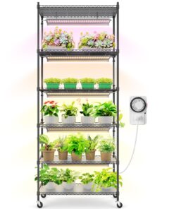 Barrina Plant Stand with Grow Lights for Indoor Plants, 6-Tier Metal Plant Shelf Display Rack with 5Pcs 2FT 30W Full Spectrum Plant Lights, 3 Adjustable Spectrum and Timer, for Growing, 29.5x13.8x71IN