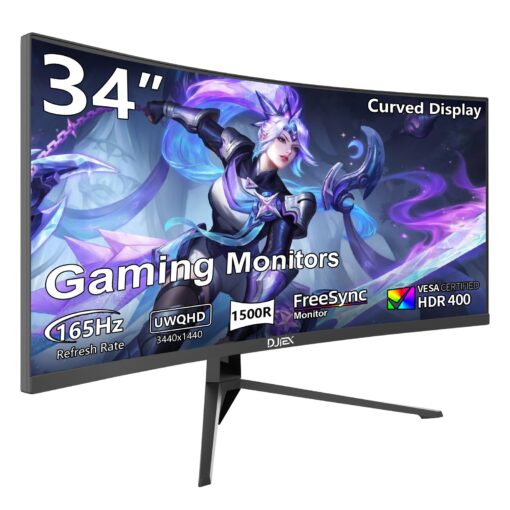 DJiEX 34 inch Curved Ultrawide Gaming Monitor 165Hz,3440x1440 21:9 UWQHD, 1ms(MPRT),1500R, PIP/PBP,HDR400, 99% sRGB,300nits, FreeSync, HDMI2.0(TMDS) x2,DP1.4 x2, Eye Care, VESA(100 * 100mm)