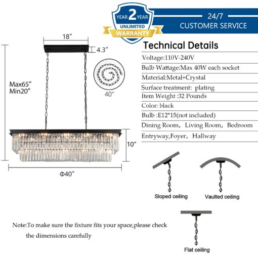 Weesalife Crystal Chandeliers for Dining Room Light Fixtures Over Table，15-Lights Black Modern Rectangle Chandeliers for Kitchen Island Bar L40 Inch - Image 6