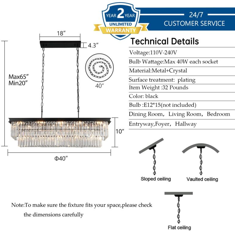 Weesalife Crystal Chandeliers for Dining Room Light Fixtures Over Table，15-Lights Black Modern Rectangle Chandeliers for Kitchen Island Bar L40 Inch - Image 6