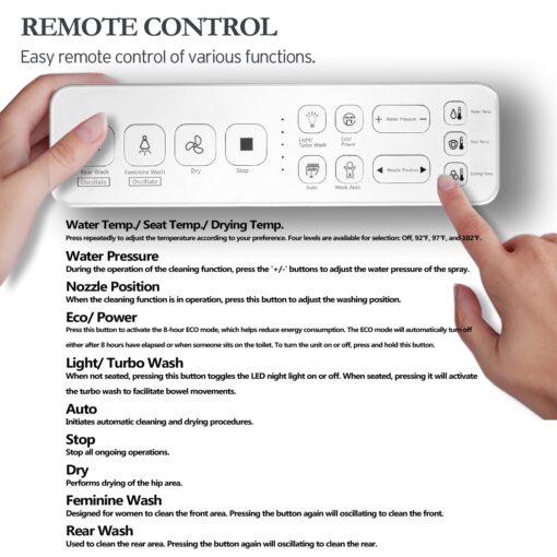 XCQQ Electric Bidet Toilet Seat Elongated, Heated Toilet Seat, Instant Warm Water, Warm Air Dryer, Rear Feminine and Oscillating Washing, Wireless Remote, Night Light, Slow Close Lid, LED Display - Image 5
