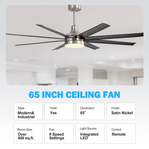 Breezary 65" Large Ceiling Fans with Lights and Remote, 8-Blade, Reversible DC Motor, 6-Speed, Timer, Industrial Ceiling Fans with Led Light Chandelier for Bedroom Office (Satin Nickel & Black) - Image 5