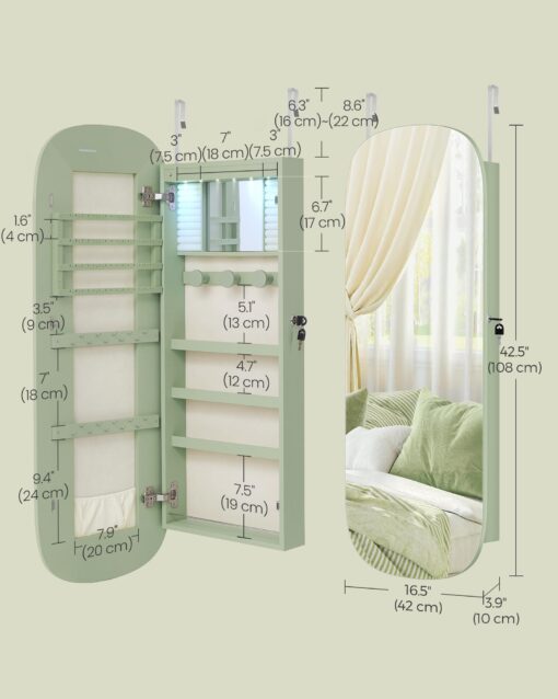 SONGMICS Jewelry Organizer, LED Jewelry Cabinet Wall or Door Mounted, Lockable Rounded Wide Mirror with Storage, Interior Mirror, 3.9 x 16.5 x 42.5 Inches, Laurel Green Surface with Cream White Lining - Image 3