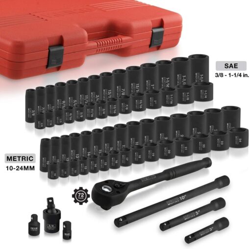 NEIKO 02448A 1/2" Drive Master Impact Socket Set, 65 Piece, Standard SAE (3/8"-1-1/4") & Metric (10-24 mm) Sizes, Deep & Shallow Kit, Includes Adapters & Ratchet Handle - Image 4