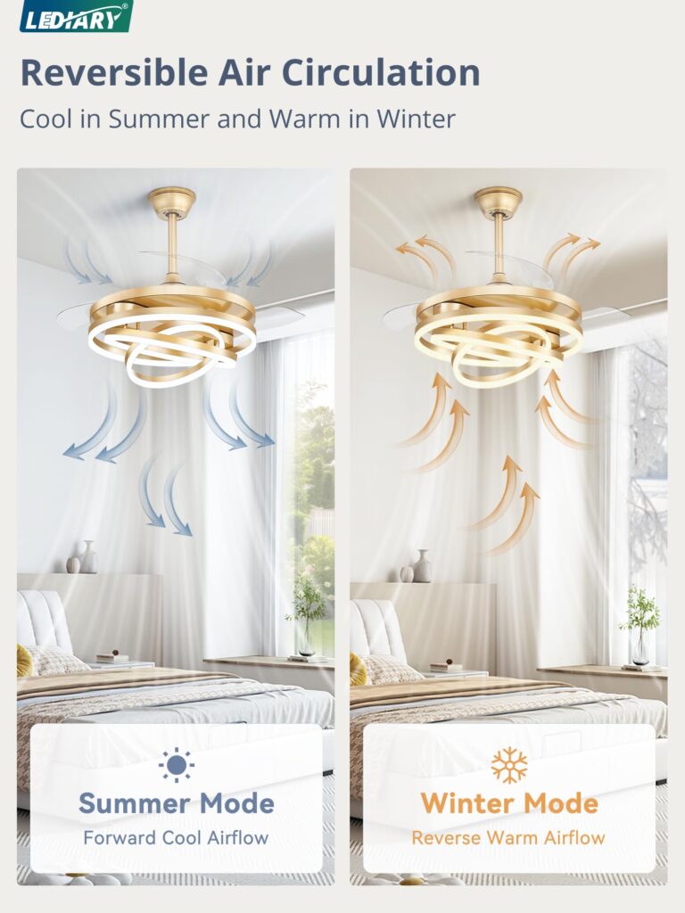 LEDIARY 42 Inch Retractable Ceiling Fan with Lights, Fandelier Ceiling Fan with 6 Speeds,3000K-6000K Adjustable,and DC Motor,Chandelier Ceiling Fans with Lights and Remote for Bedroom Living Room,Gold - Image 6