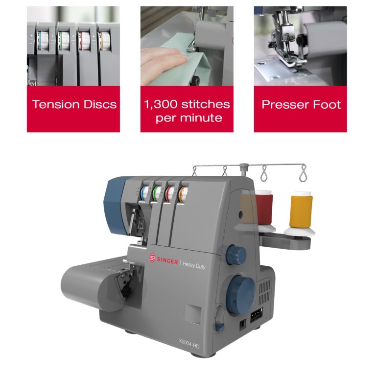 SINGER X5004-HD Metal Frame Serger & Overlock Machine | 2-3-4 Stitch Capability, 8 Built-In Stitches, 1300 Stitches per minute, Adjustable Differential Feed & 2 LED Lights (Grey/Blue) - Image 7
