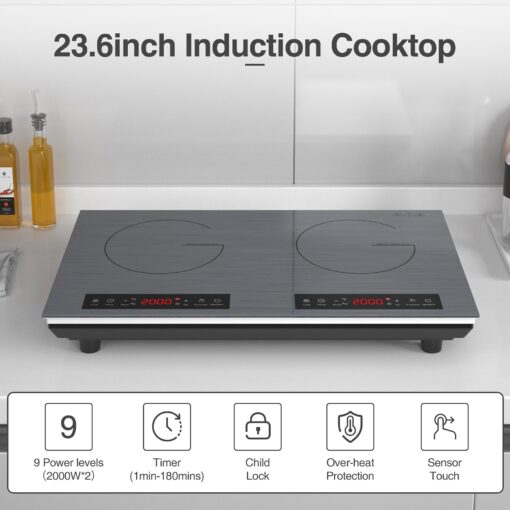 VBGK Double Induction Cooktop, 24 inch 4000W Electric cooktop with hot plate, induction stove top with LED Touch Screen 9 Levels Settings with Child Safety Lock & Timer 110V Induction cooktop 2 burner - Image 4