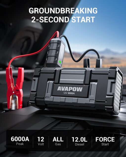 AVAPOW 6000A Car Battery Jump Starter(for All Gas or up to 12L Diesel) Powerful Car Jump Starter with Dual USB Quick Charge and DC Output,12V Jump Pack with Built-in LED Bright Light - Image 9