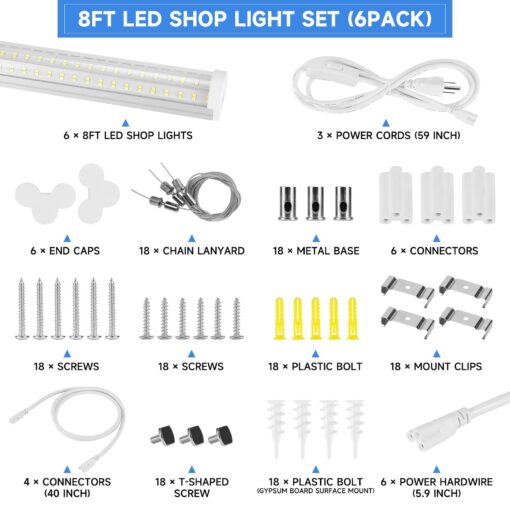 Phiwicsh 8FT LED Shop Light, U Shape 125W Integrated LED Tube Light, 6500K Clear White, 20000LM Super Bright LED Lighting, Flush Mount/Hanging Linkable LED Ceiling Lights for Garage, Plug&Play,6 Pack - Image 7
