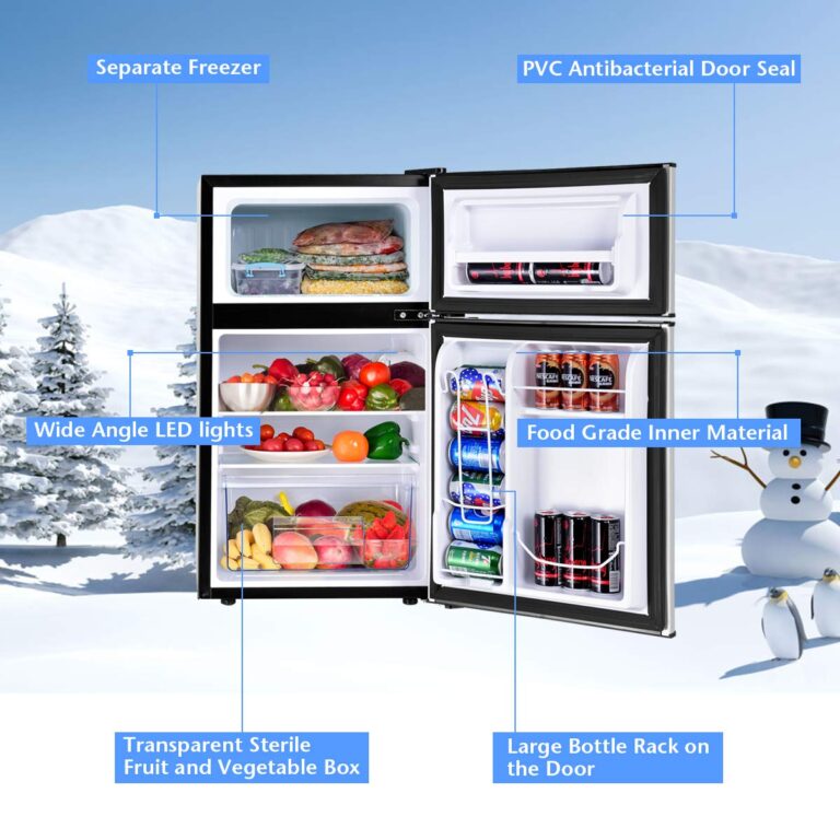 COSTWAY Compact Refrigerator, 3.2 cu ft. Unit 2-Door Mini Freezer Cooler Fridge with Reversible Door, Removable Glass Shelves, Mechanical Control, Recessed Handle for Dorm, Office, Apartment (Grey) - Image 8