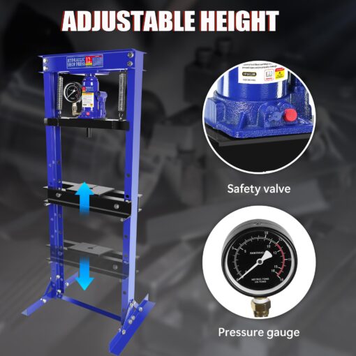 12 Ton Hydraulic Shop Press, H-Frame Garage Floor Adjustable Shop Press with Stamping Plates & Pressure Gauge to Bend, Straighten, Or Press Parts, Install Bearings and U-Joints - Image 6
