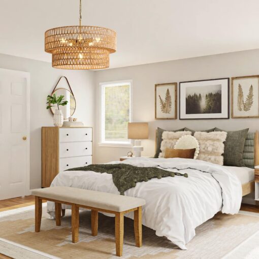 23.6" Boho Rattan Chandelier, 6-Light Large Rattan Pendant Light with 2-Tier Wicker Shade, Bohemian Farmhouse Ceiling Light Fixture Chandelier for Dining Room, Living Room, Bedroom, Kitchen Island - Image 2