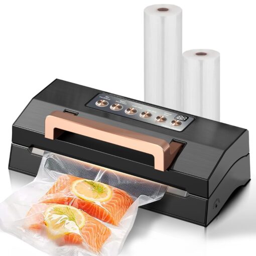 2025 Black Stainless Steel Food Vacuum Sealer, VACAPEX Deluxe Vacuum Sealer Machine with 11" Double Heat Seal and Automatic One-Touch System, Bags Storage & Cutter, Easy-Lock Handle with 2 Bag Rolls