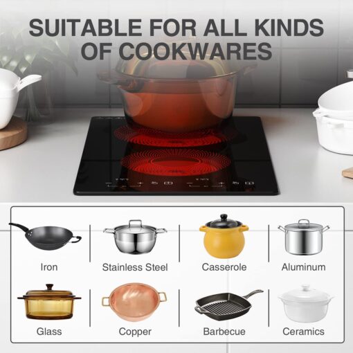 Electric Cooktop 2 Burners,110v Electric Stove Top,ANHANE Infrared Burner 12 Inch Built-in Double Induction Cooktop,20 Temperature,Compatible for All Cookware with Plug - Image 6