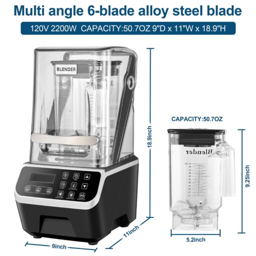 WaterElfo Professional Commercial Blender 2200W 1.58QT 51OZ Quiet Blender Brushless Motors Commercial Smoothies, Frozen Drinks, Self-Cleaning Silver Grey - Image 4