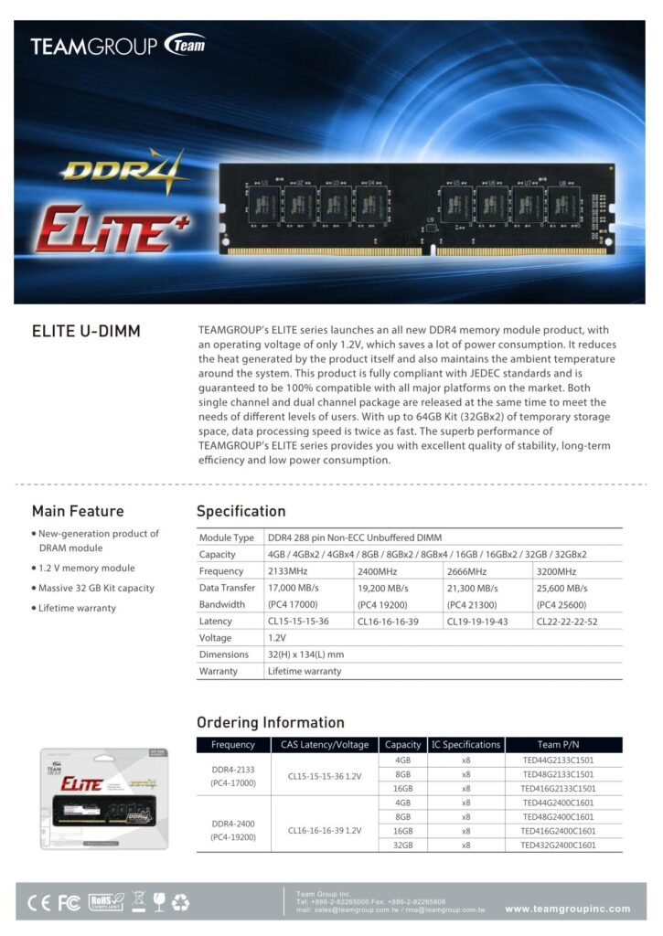 TEAMGROUP Elite DDR4 64GB Kit (2 x 32GB) 3200MHz (PC4-25600) CL22 Unbuffered Non-ECC 1.2V UDIMM 288 Pin PC Computer Desktop Memory Module Ram Upgrade - TED464G3200C22DC01 - Image 3