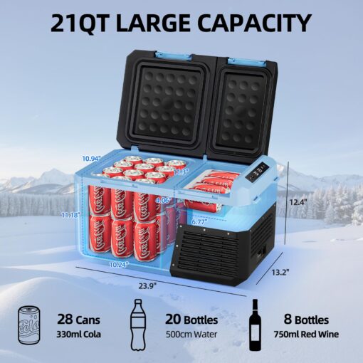 Car Refrigerator Fridge 27QT 25L Portable Mini Freezer Dual Zone Door 12/24V DC,110~240 Volt AC Compressor Cooler Touchscreen Control -4℉~68℉ for Camping,Truck,RV,Van,SUV, Road Trips, Home Ice Blue - Image 4